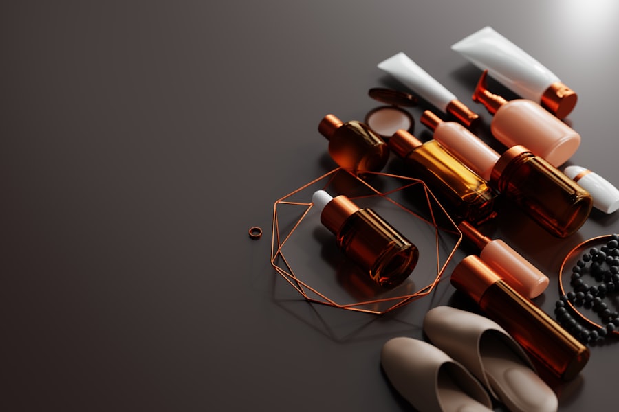 Amber glass skincare bottles on a dark surface